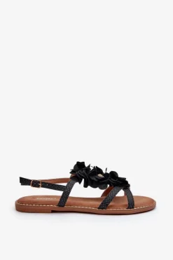 Sandały Damskie Płaskie Ozdobione Kwiatkami Czarne Abidina