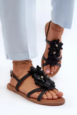 Sandały Damskie Płaskie Ozdobione Kwiatkami Czarne Abidina
