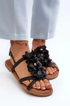 Sandały Damskie Płaskie Ozdobione Kwiatkami Czarne Abidina