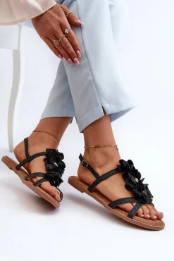 Sandały Damskie Płaskie Ozdobione Kwiatkami Czarne Abidina
