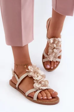 Sandały Damskie Płaskie Ozdobione Kwiatkami Beżowe Abidina