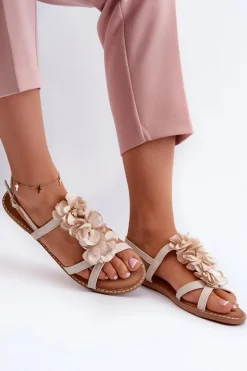 Sandały Damskie Płaskie Ozdobione Kwiatkami Beżowe Abidina