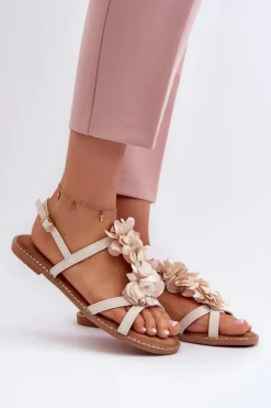 Sandały Damskie Płaskie Ozdobione Kwiatkami Beżowe Abidina