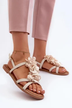 Sandały Damskie Płaskie Ozdobione Kwiatkami Beżowe Abidina
