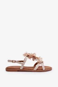 Sandały Damskie Płaskie Ozdobione Kwiatkami Beżowe Abidina