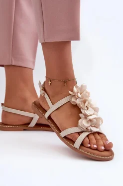 Sandały Damskie Płaskie Ozdobione Kwiatkami Beżowe Abidina