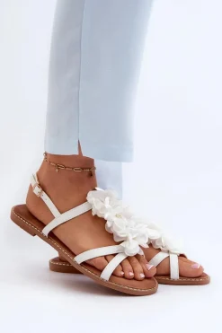 Sandały Damskie Płaskie Ozdobione Kwiatkami Białe Abidina