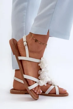 Sandały Damskie Płaskie Ozdobione Kwiatkami Białe Abidina