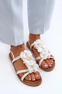 Sandały Damskie Płaskie Ozdobione Kwiatkami Białe Abidina