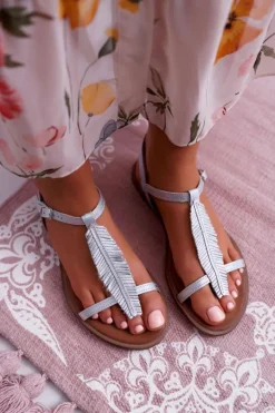 Sandały Damskie Płaskie Skórzane Srebrne Nicole 2383