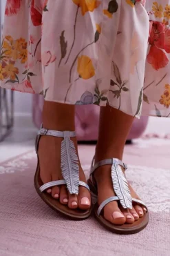 Sandały Damskie Płaskie Skórzane Srebrne Nicole 2383