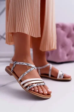 Sandały Damskie Płaskie Skóra Węża Białe Dahira