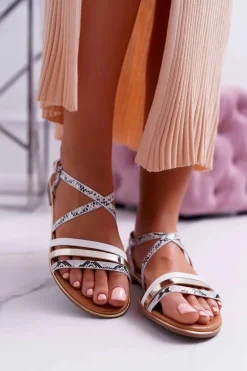 Sandały Damskie Płaskie Skóra Węża Białe Dahira