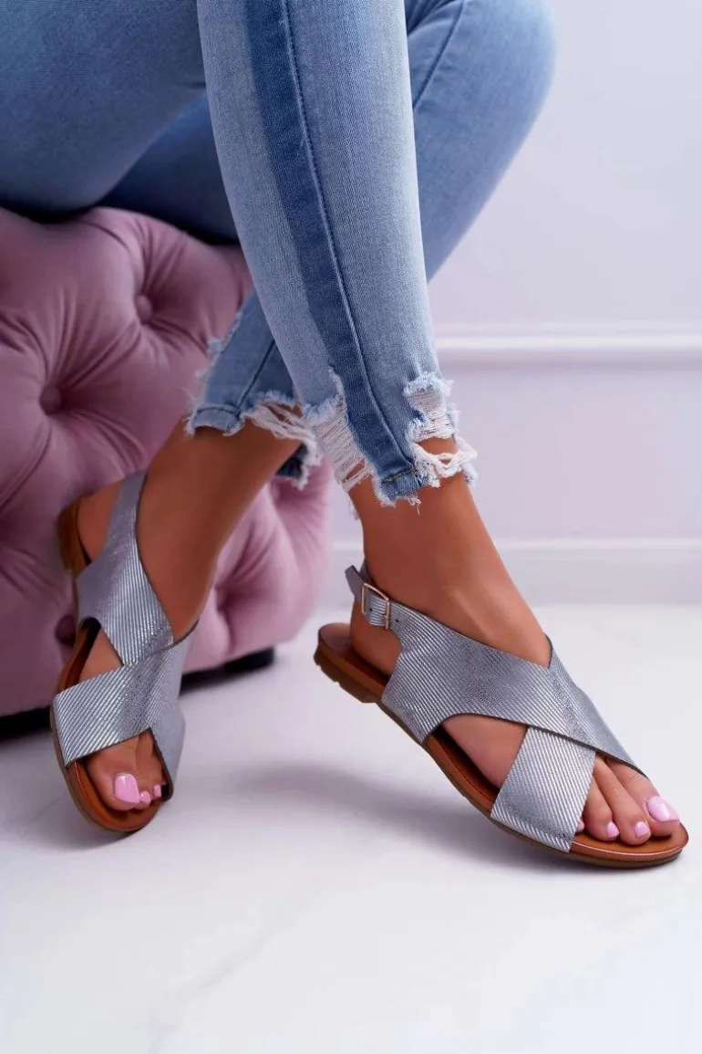 Sandały Damskie Płaskie Skórzane Laura Messi Srebrne 1960