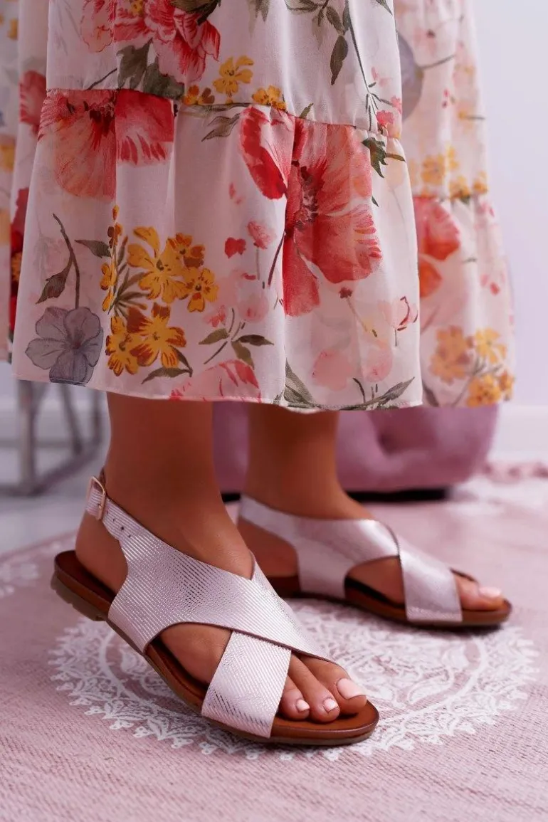 Sandały Damskie Płaskie Skórzane Laura Messi Różowe 1960