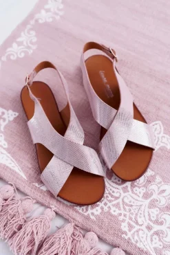 Sandały Damskie Płaskie Skórzane Laura Messi Różowe 1960