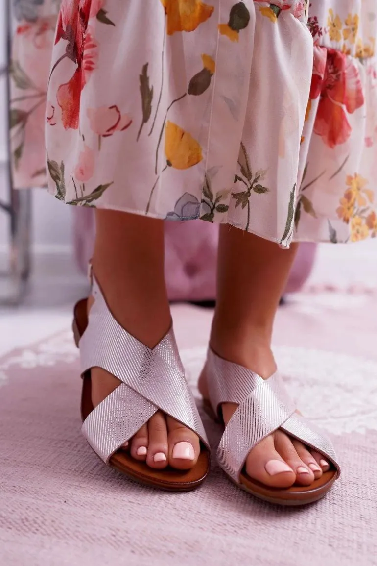 Sandały Damskie Płaskie Skórzane Laura Messi Różowe 1960