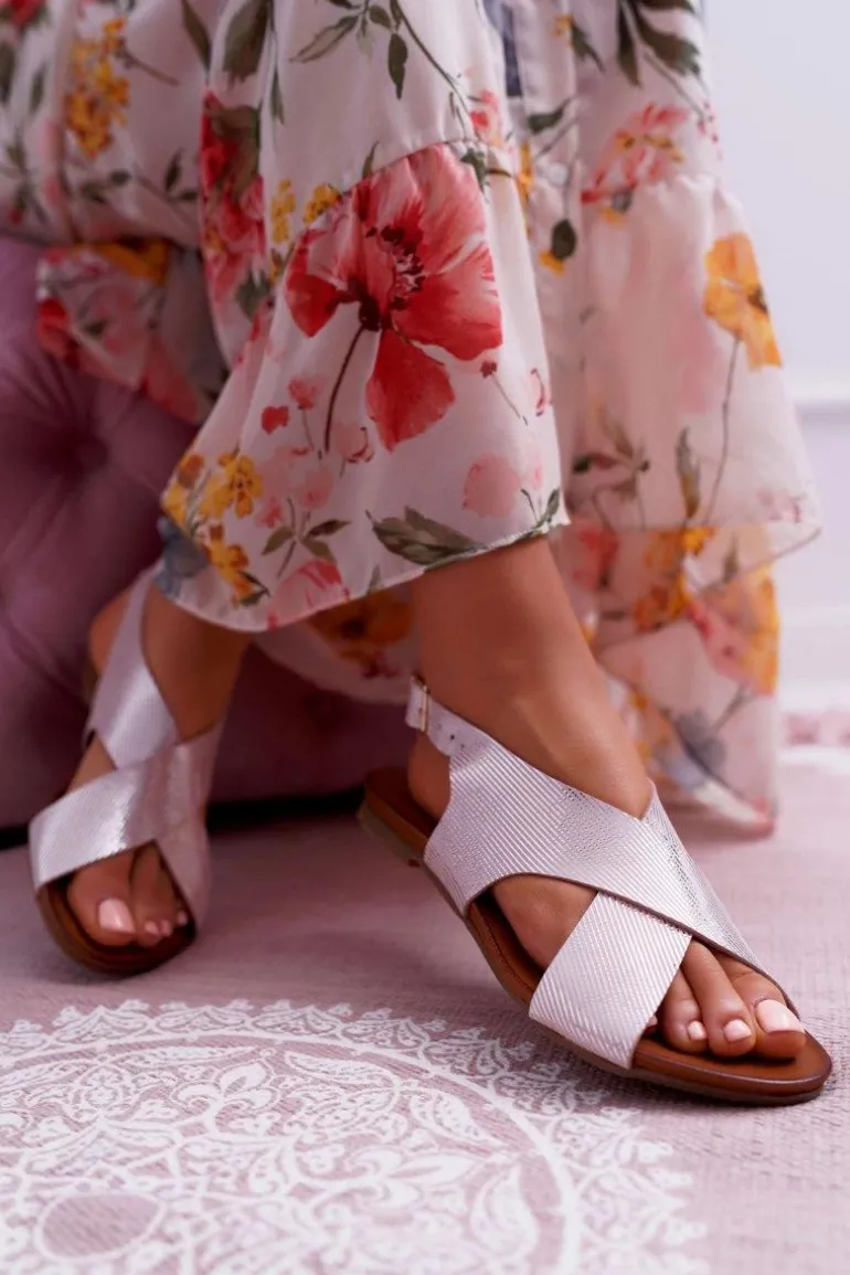 Sandały Damskie Płaskie Skórzane Laura Messi Różowe 1960