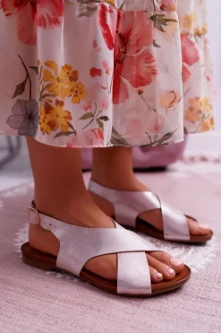 Sandały Damskie Płaskie Skórzane Laura Messi Różowe 1960