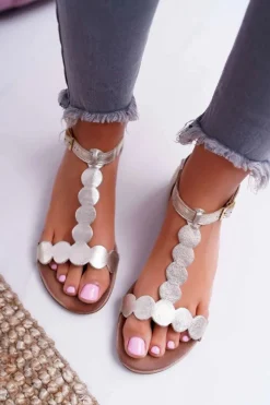 Sandały Damskie Płaskie Skórzane Złote Nicole 2403 Melbourne