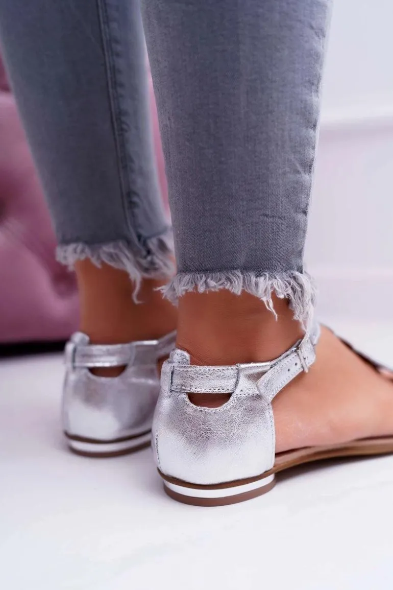 Sandały Damskie Płaskie Skórzane Srebrne Nicole 2403 Melbourne