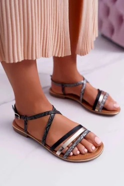 Sandały Damskie Płaskie Skóra Węża Czarne Dahira