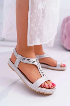 Sandały Damskie Płaskie Srebrne S.Barski Emente