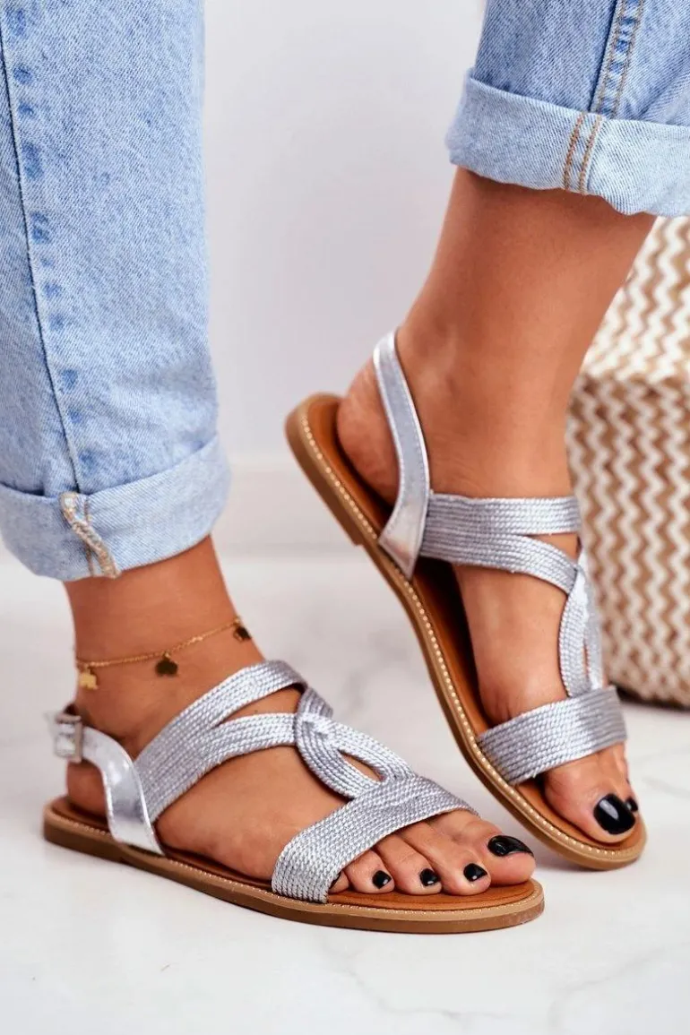 Sandały Damskie Płaskie Srebrne Rachel