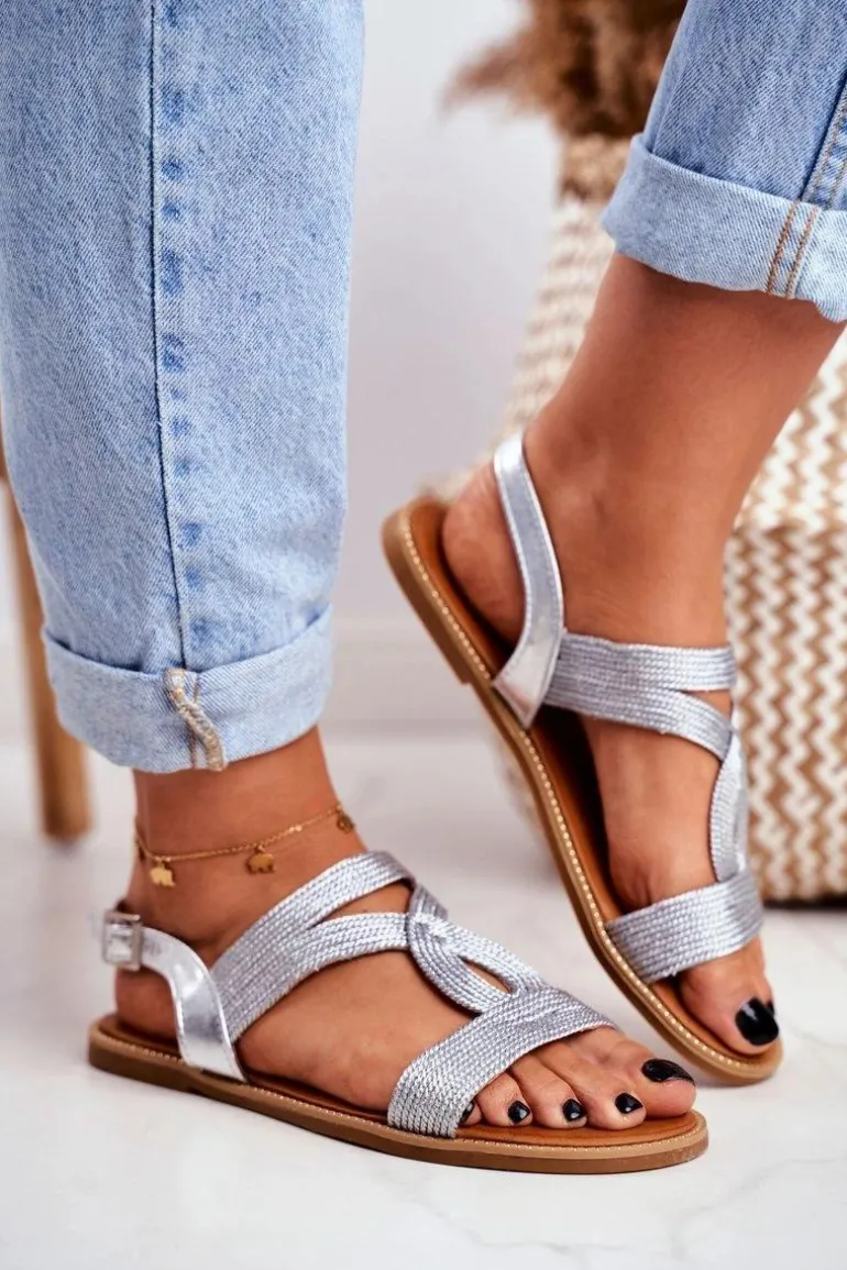 Sandały Damskie Płaskie Srebrne Rachel