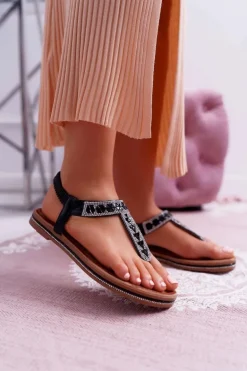 Sandały Damskie Płaskie Wsuwane Z Cyrkoniami Czarne Mabellena