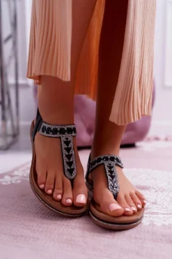 Sandały Damskie Płaskie Wsuwane Z Cyrkoniami Czarne Mabellena