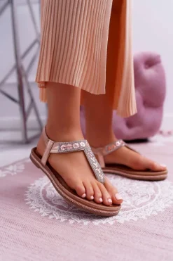 Sandały Damskie Płaskie Wsuwane Z Cyrkoniami Champagne Mabellena