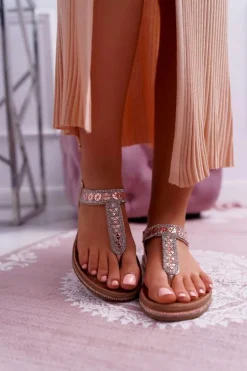 Sandały Damskie Płaskie Wsuwane Z Cyrkoniami Champagne Mabellena