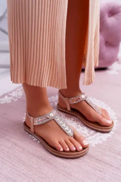 Sandały Damskie Płaskie Wsuwane Z Cyrkoniami Champagne Mabellena