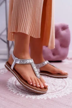 Sandały Damskie Płaskie Wsuwane Z Cyrkoniami Srebrne Mabellena