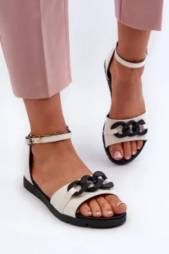 Sandały Damskie Płaskie Z Łańcuchem Vinceza 17320 Białe