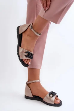 Sandały Damskie Płaskie Z Łańcuchem Vinceza 17320 Złote