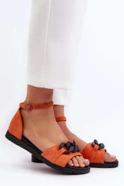 Sandały Damskie Płaskie Z Łańcuchem Vinceza 17320 Pomarańczowe