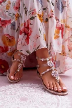 Sandały Damskie Płaskie Z Cyrkoniami Champagne Karra