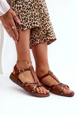 Sandały Damskie Płaskie Z Eko Skóry Sergio Leone SK071H Brązowe