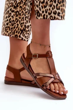 Sandały Damskie Płaskie Z Eko Skóry Sergio Leone SK071H Brązowe