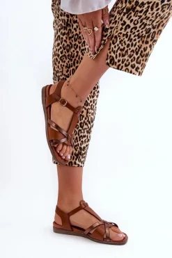 Sandały Damskie Płaskie Z Eko Skóry Sergio Leone SK071H Brązowe