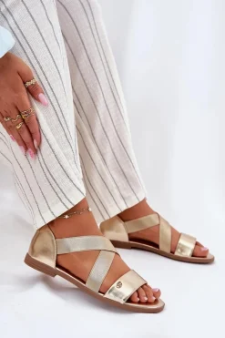 Sandały Damskie Płaskie Z Elastycznymi Paskami Złote Marinea