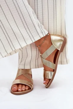 Sandały Damskie Płaskie Z Elastycznymi Paskami Złote Marinea