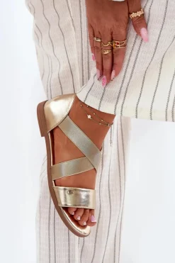 Sandały Damskie Płaskie Z Elastycznymi Paskami Złote Marinea