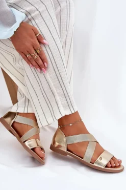 Sandały Damskie Płaskie Z Elastycznymi Paskami Złote Marinea