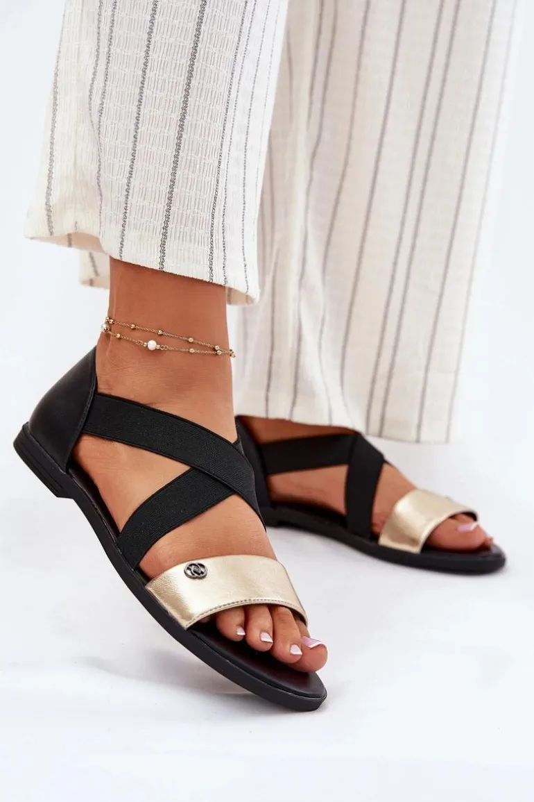 Sandały Damskie Płaskie Z Elastycznymi Paskami Czarno-Złote Marinea