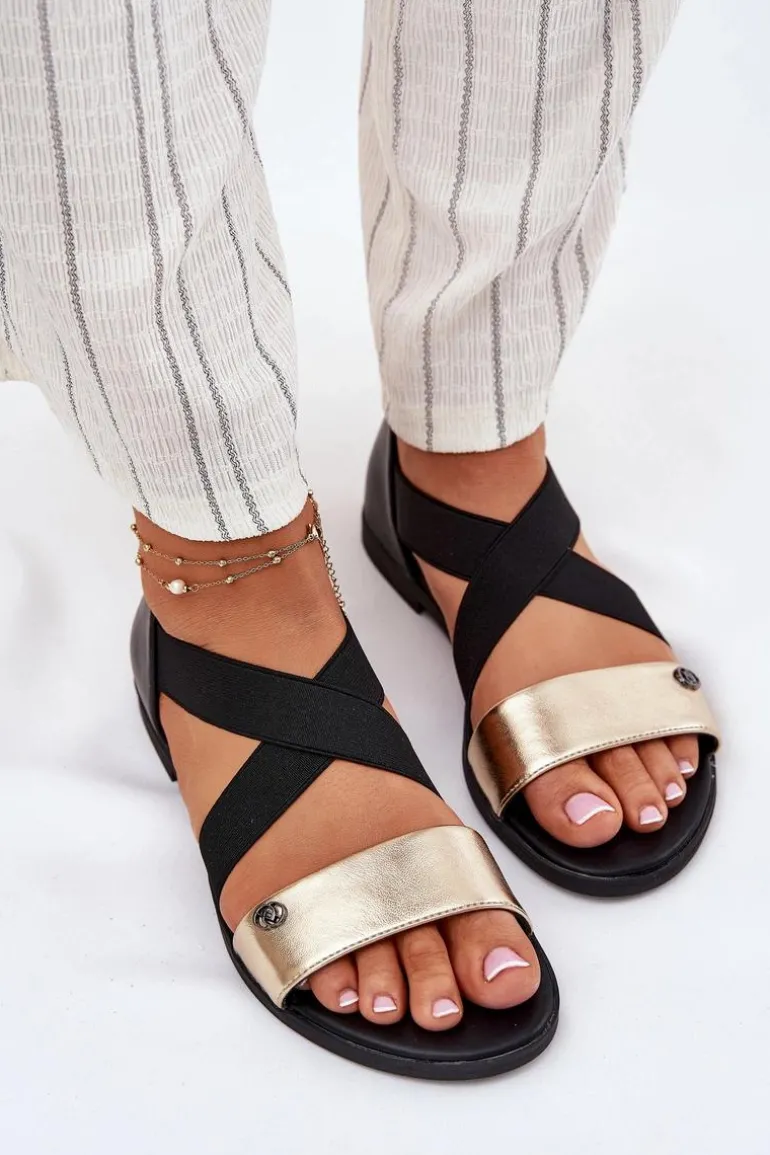 Sandały Damskie Płaskie Z Elastycznymi Paskami Czarno-Złote Marinea