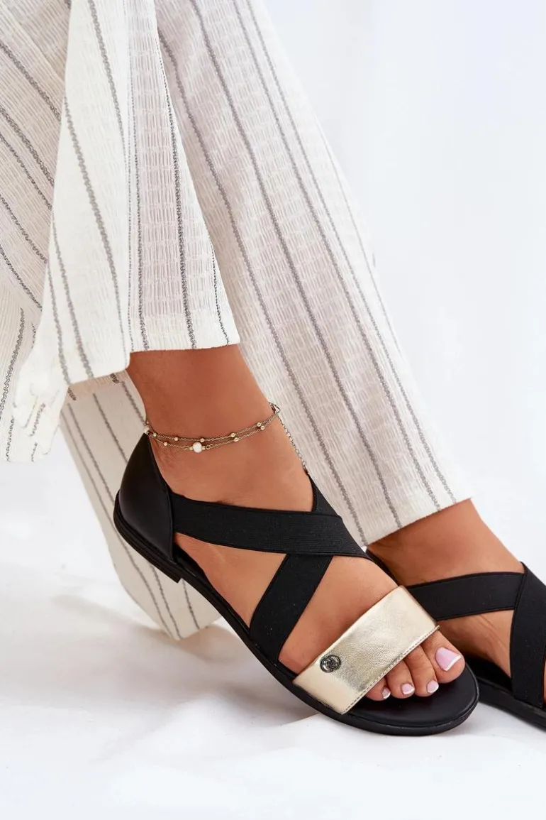 Sandały Damskie Płaskie Z Elastycznymi Paskami Czarno-Złote Marinea