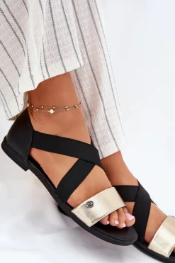 Sandały Damskie Płaskie Z Elastycznymi Paskami Czarno-Złote Marinea